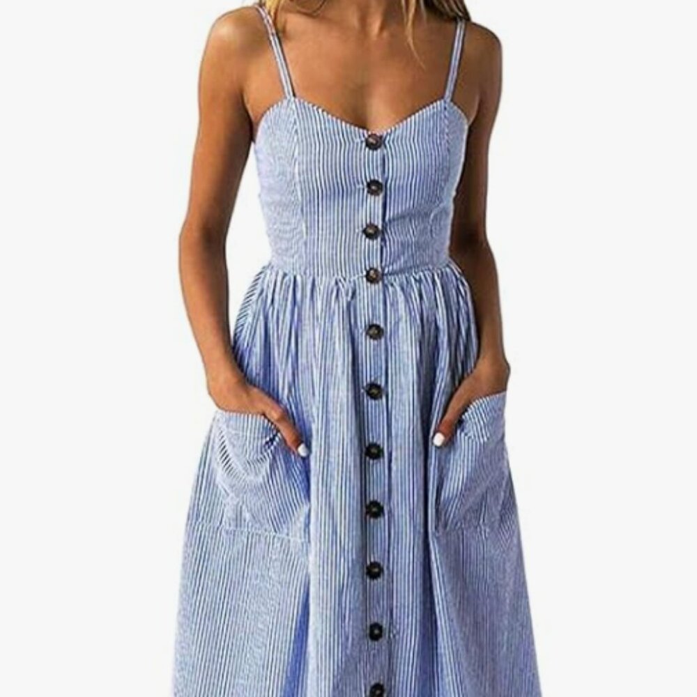 Blue White Striped Midi Dress Spaghetti Strap Button Front Women’s Large